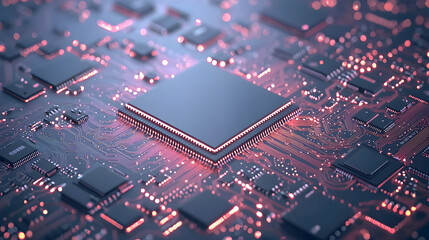 Close Up Of Glowing Circuit Board With Microchip