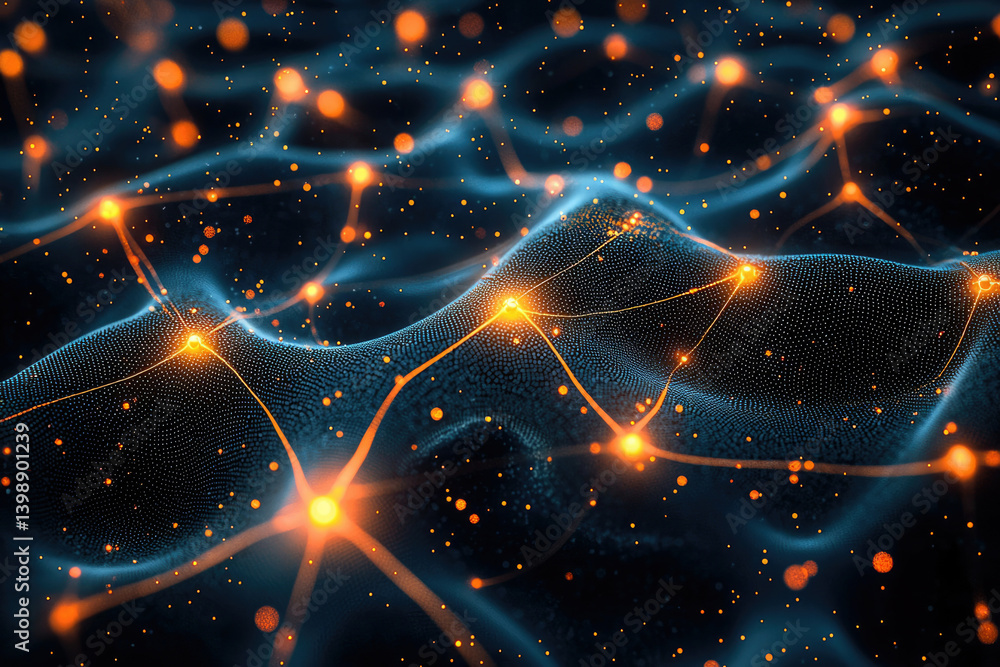 Aufkleber abstract digital network visualization, glowing nodes and connections forming a wavy surface.