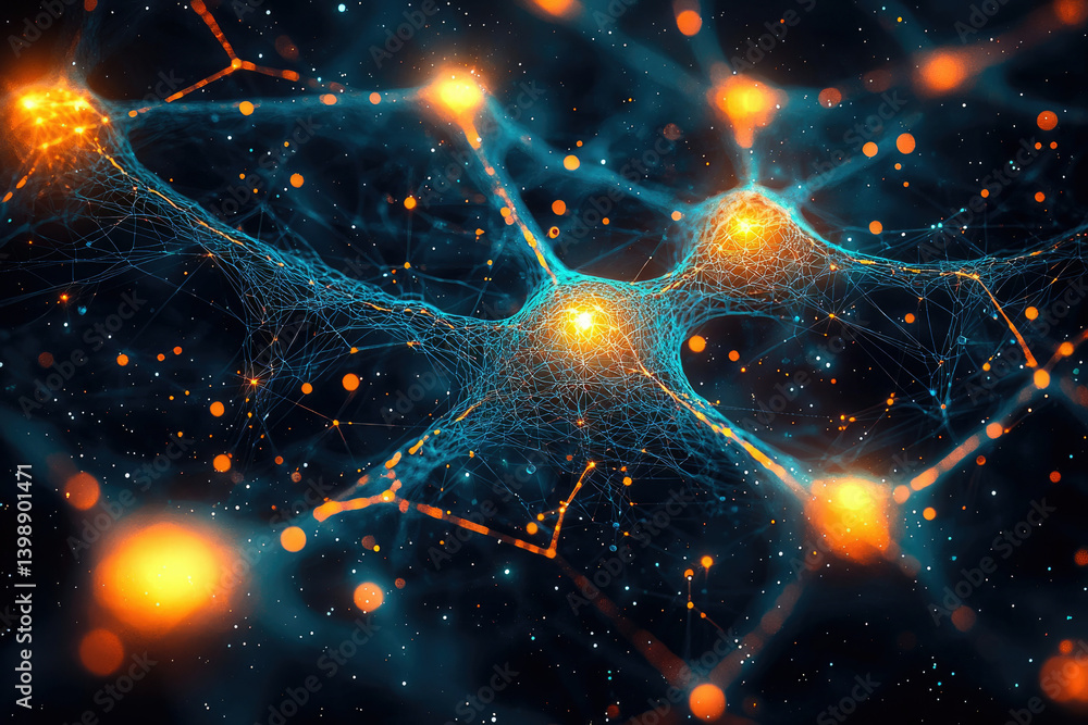 Poster Abstract representation of a neural network, showcasing interconnected nodes and glowing energy pathways.