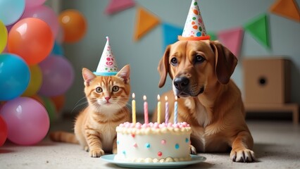Cat and dog celebrate a birthday, playful joy fills the party.