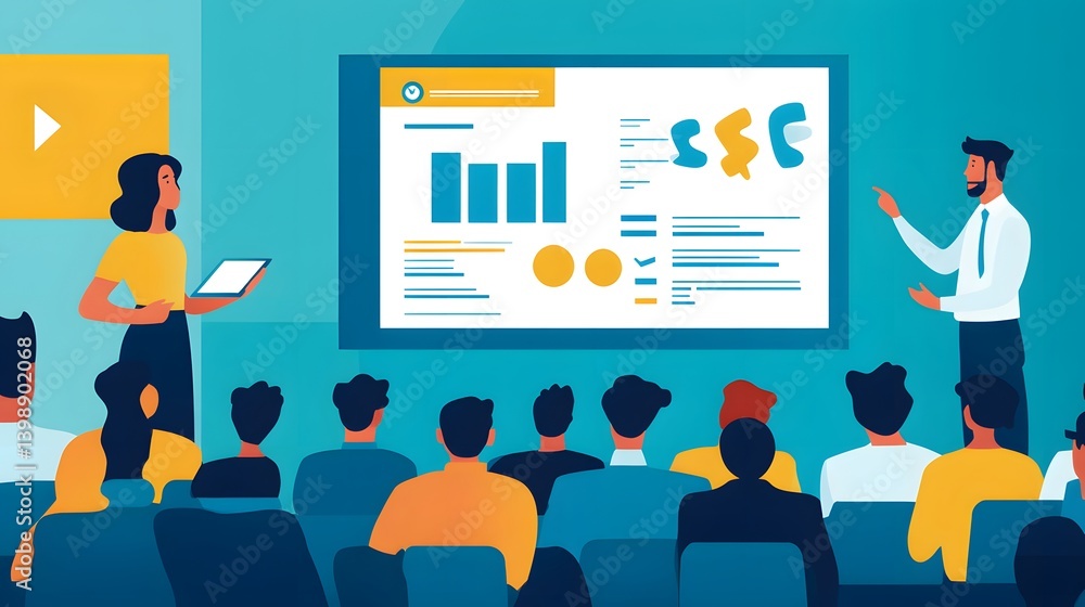Poster a business professional giving a presentation with a chart on a projector screen to a group of diver