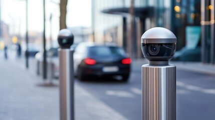Surveillance camera security system on city street with modern building wide angle view