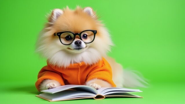 Cheerful pomeranian reads a book, glasses perched, in a bright green world.