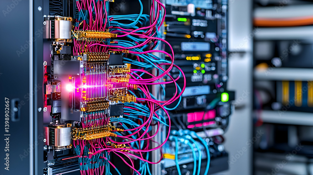 Poster Close Up Of Colorful Circuit Board With Wires In Server Rack