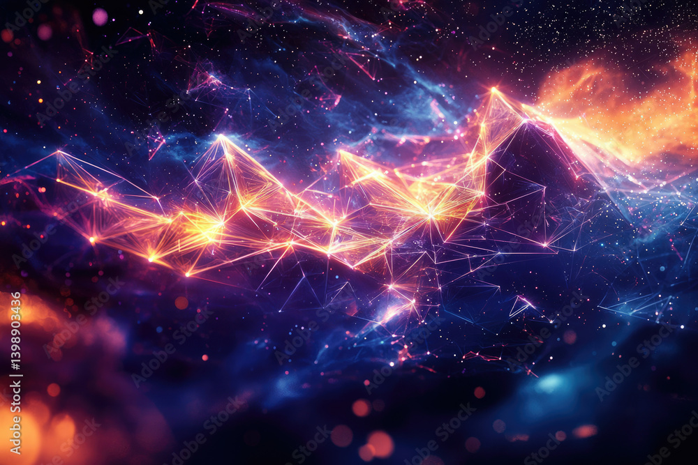 Poster Abstract cosmic landscape with vibrant, interconnected nodes forming a celestial network.