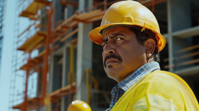 A Hispanic construction worker coordinating with a team during construction. Featuring teamwork and communication