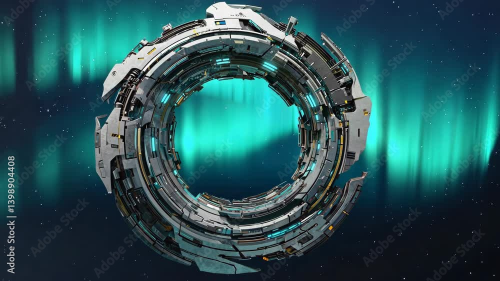 Wall mural futuristic portal or stargate with detailed robotic elements in front of a colorful aurora borealis 