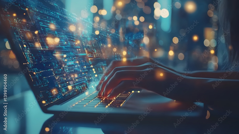 Poster a person using a laptop computer with data streams overlayed, representing technology and connectivi