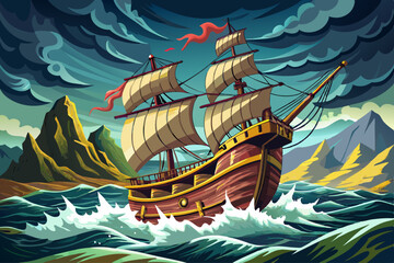 vector of An old sailing ship thundering into a stormy sea.