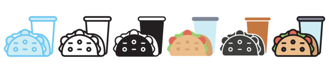 Taco multi style, mini illustration icon set. outline, flat, glyph, line color, UI, UX, app and web, digital or print. vector EPS 10 related to street food, food festival.