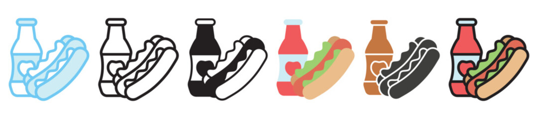Hot Dog multi style, mini illustration icon set. outline, flat, glyph, line color, UI, UX, app and web, digital or print. vector EPS 10 related to street food, food festival.