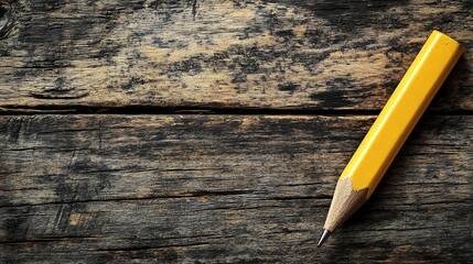Yellow pencil on rustic wooden table. Close-up of sharpened pencil on aged wood surface. Vintage texture background with space for text. National Grammar Day concept