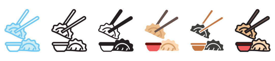 Dumpling multi style, mini illustration icon set. outline, flat, glyph, line color, UI, UX, app and web, digital or print. vector EPS 10 related to street food, food festival.