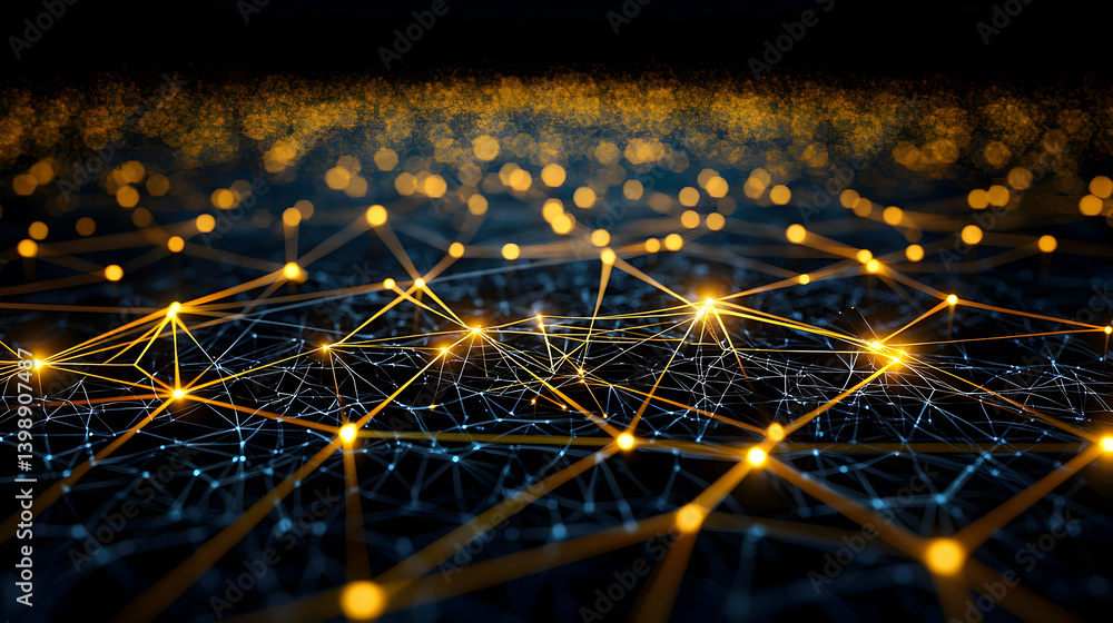 Poster abstract network design with golden lines and glowing dots