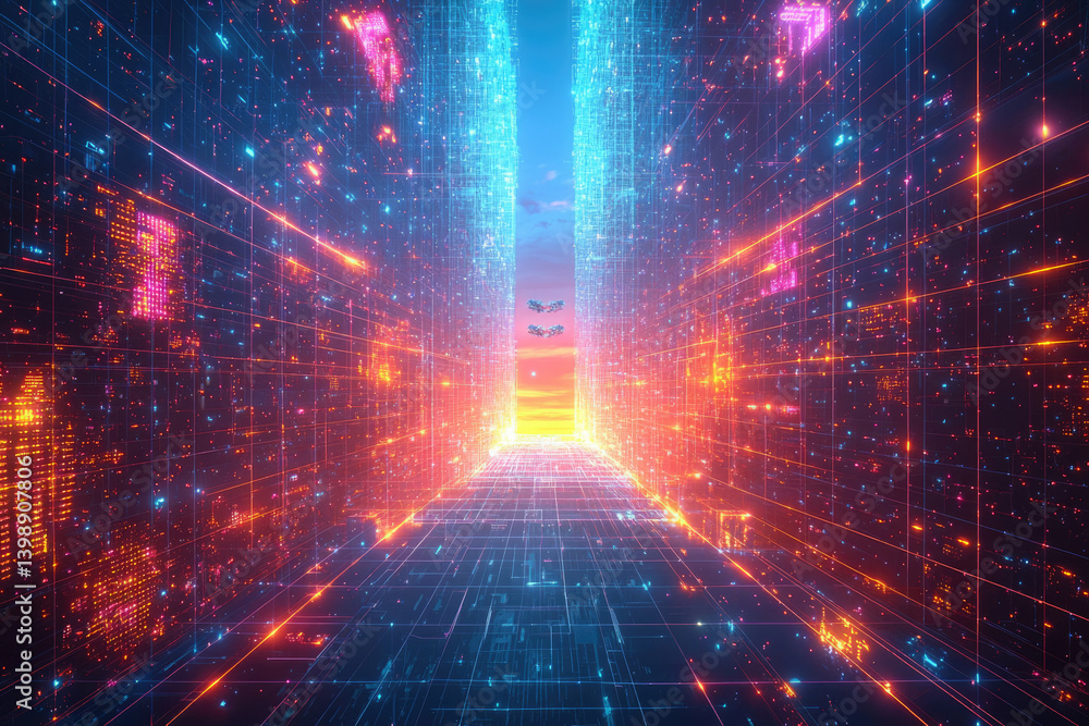 Poster neon-lit digital corridor extending to a vibrant sunset, showcasing futuristic technology and data s