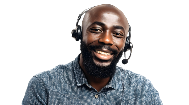 A cheerful man with a headset smiles warmly, ready to assist with customer service. His friendly demeanor makes him approachable and helpful.