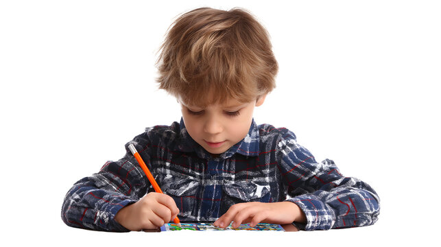 Focused young boy wearing a plaid shirt, concentrating on drawing with an orange pencil. Education, creativity, and early development are key.
