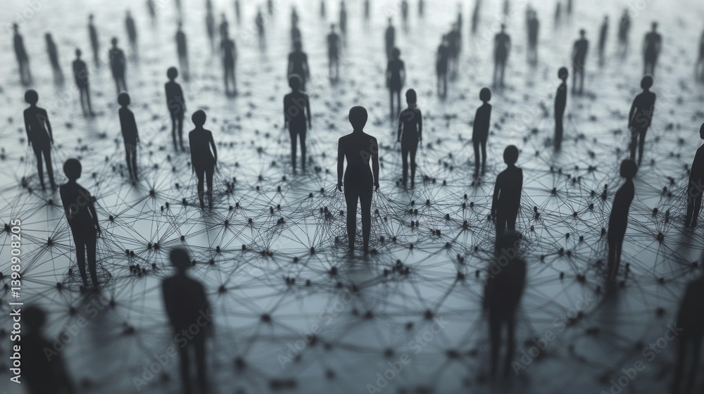 Aufkleber Abstract figures stand amidst a network of connections, symbolizing diversity and interaction in a digital landscape, reflecting modern society's complexity.