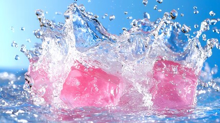 Pink ice cubes splashing in water