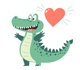 Fototapeta premium Modern art featuring a cheerful crocodile character design in flat style with hearts and a happy expression