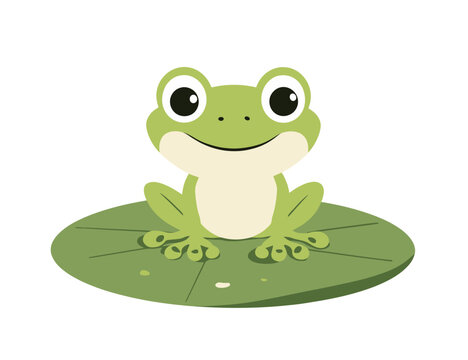 Modern illustration of a cute green frog sitting on a lily pad in a flat art style