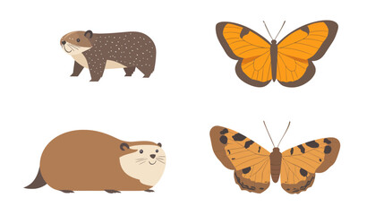 Obraz premium Modern art illustrations of animals, insects, and birds utilize muted tones for coloring in children's books and logos