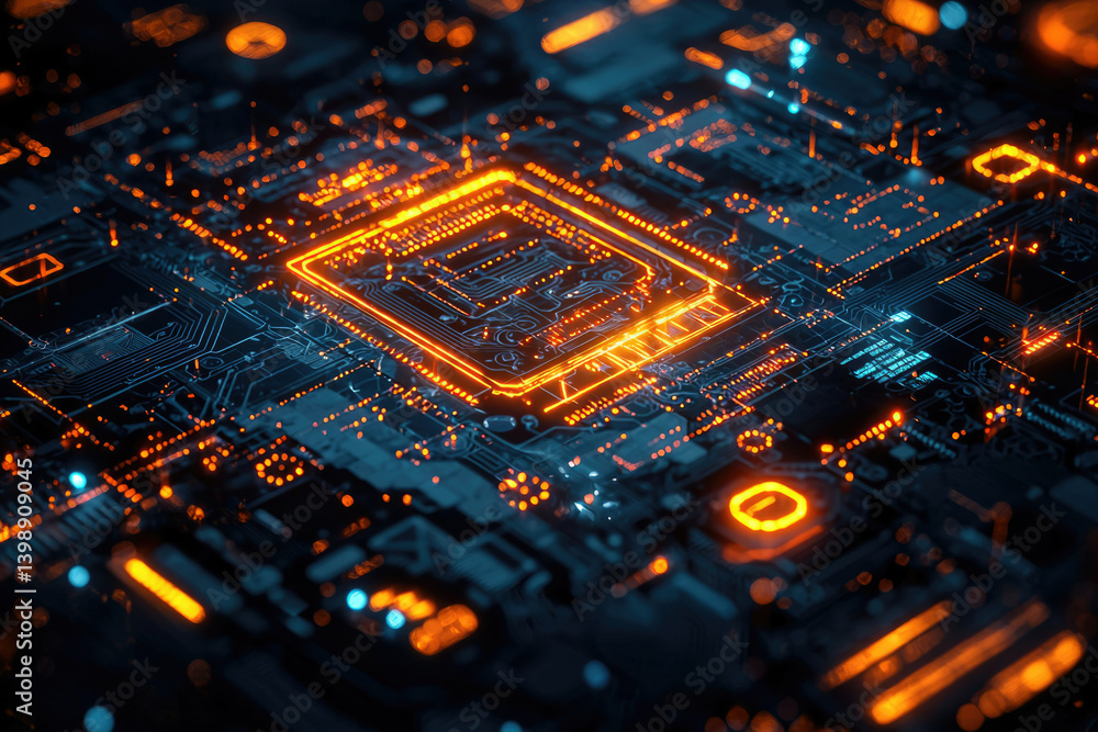 Aufkleber Close-up of a glowing circuit board, showcasing intricate technological details and highlighting a central processor.
