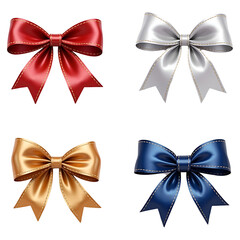 Elegant 3D ribbon icons with silky textures and realistic folds looped bows, awareness ribbons, and gift-style wrapping ribbons in glossy red, silver, blue, and gold, 
