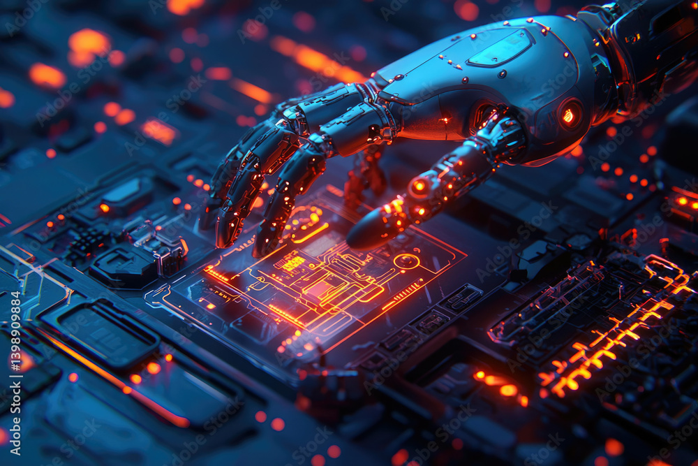 Aufkleber A robotic hand interacts with a futuristic circuit board, showcasing advanced technology and artificial intelligence.