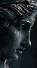 Artistic conceptual photo of ancient female sculpture in deep shadows, carved marble bust with emotional expression and textured surface