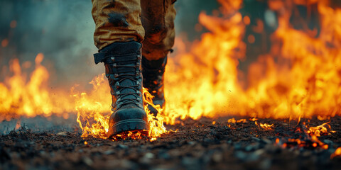 Firefighter walking through blaze wearing protective boots during wildfire emergency response