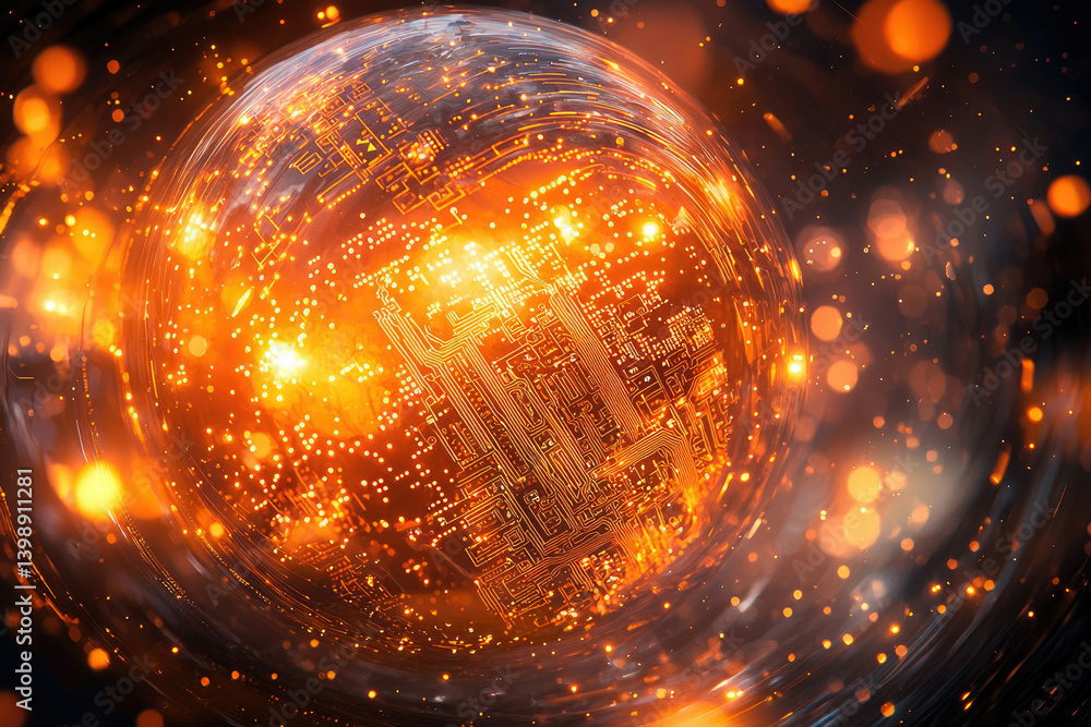 Poster a glowing orb displays intricate circuitry, symbolizing technological innovation and global connecti
