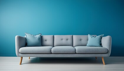 淡いブルーのマット背景に、ふわっとしたクッションが特徴的な柔らかなグレーのソファが1つ置かれ、落ち着いた温かみのある空間が広がる

