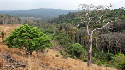 Obraz premium Climate change biodiversity conservation concept Lush landscape with diverse trees and rolling hills in the background.