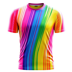 T shirt display with rainbow colors and a casual style on black background. Cloth texture design with diagonal strips of light.