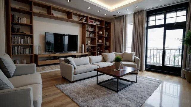 Wide-angle shot of a modern living room with sleek furniture, large windows, and a flat-screen TV, perfect for a cozy video viewing experience.