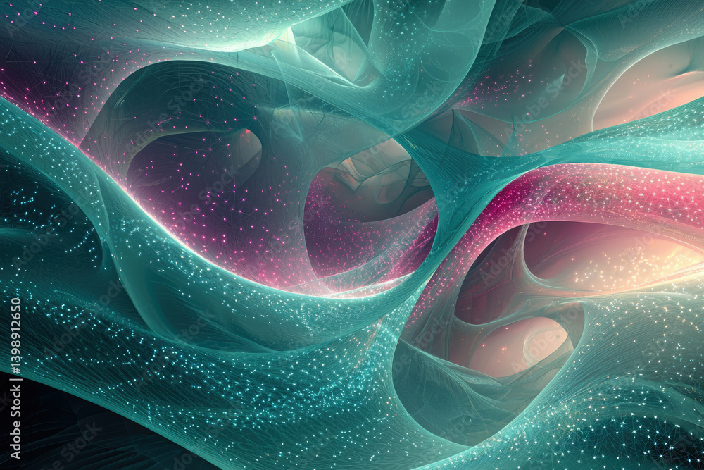 Poster Abstract fractal art depicting swirling, interconnected teal and pink translucent waves with embedded light particles.