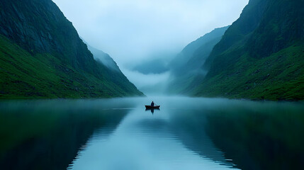 Misty Mountains And Calm Lake With Canoe