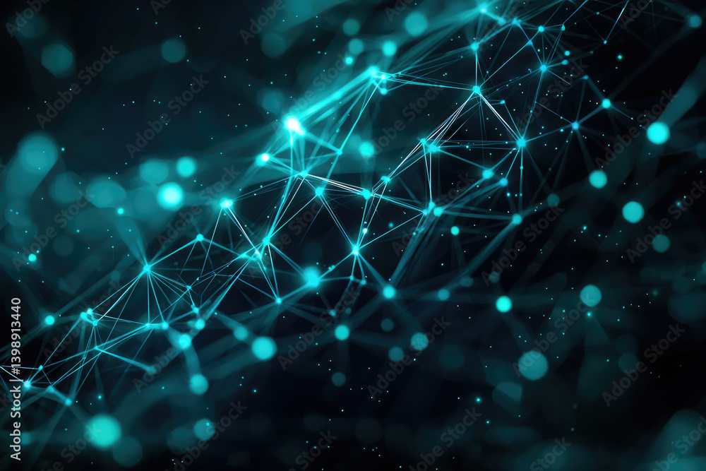 Aufkleber Abstract network connection, glowing teal nodes and lines forming a complex web in dark space.
