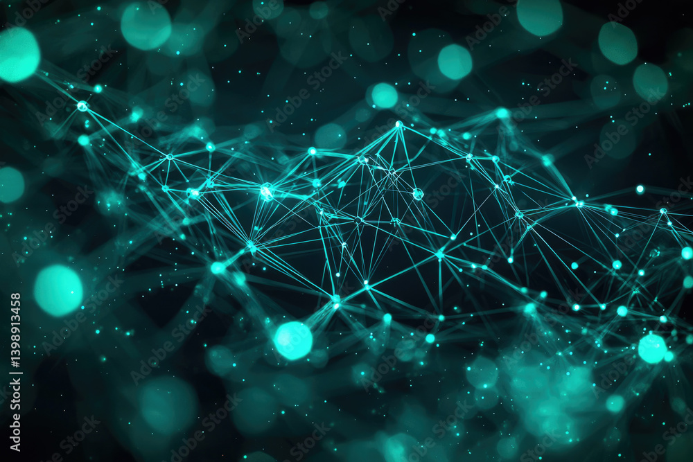 Poster Abstract teal network, glowing nodes connected by lines, bokeh background, digital connectivity.