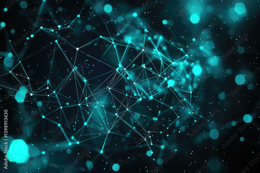 Poster Abstract digital network connection, glowing teal nodes and lines forming a complex web in dark space.