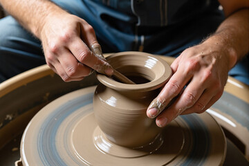skilled hands gently mold and shape a piece of soft clay on a spinning pottery wheel, demonstrating the art and craft of pottery and the transformative process of turning raw earth