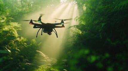 Naklejka premium Drone soaring through lush jungle canopy, bathed in sunlight
