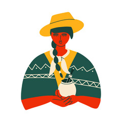 Argentinian gaucho woman holding a mate gourd and bombilla. Traditional South American culture and drink. Vector hand drawn illustration