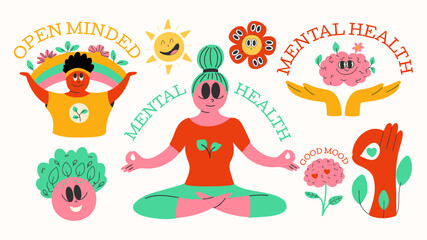 Mental health and its well-being conceptual set.  Various stickers about positive thinking. Vector illustration.