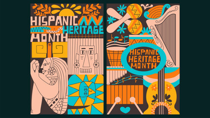 Posters in a bold graphic style celebrating Hispanic Heritage Month. Traditional musical instrument, sun, and ancient faces symbolize the rich culture and history. Vector hand drawn illustration