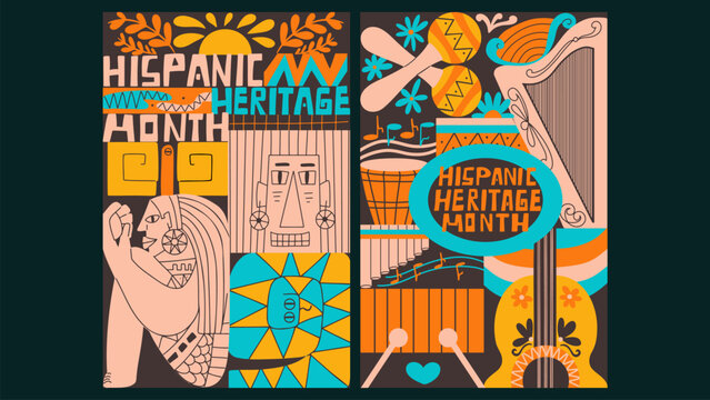 Posters in a bold graphic style celebrating Hispanic Heritage Month. Traditional musical instrument, sun, and ancient faces symbolize the rich culture and history. Vector hand drawn illustration