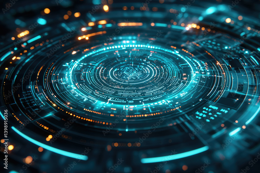 Aufkleber Abstract futuristic digital interface with glowing concentric circles and intricate data streams.