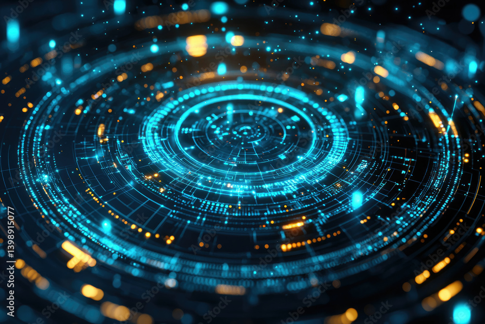 Aufkleber Abstract digital technology background with glowing circular lines and particles, representing futuristic network or data flow.