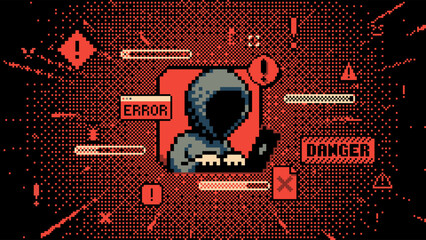 Cyber attack pixel art. Anonymous hacker with laptop, 8-bit error warning and virus danger alert signs on digital dithering texture. Data breach, system intrusion and cybercrime vector illustration
